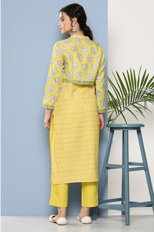 Exclusive Yellow Color Cotton Fabric Function Printed Top With Bottom Jacket Set