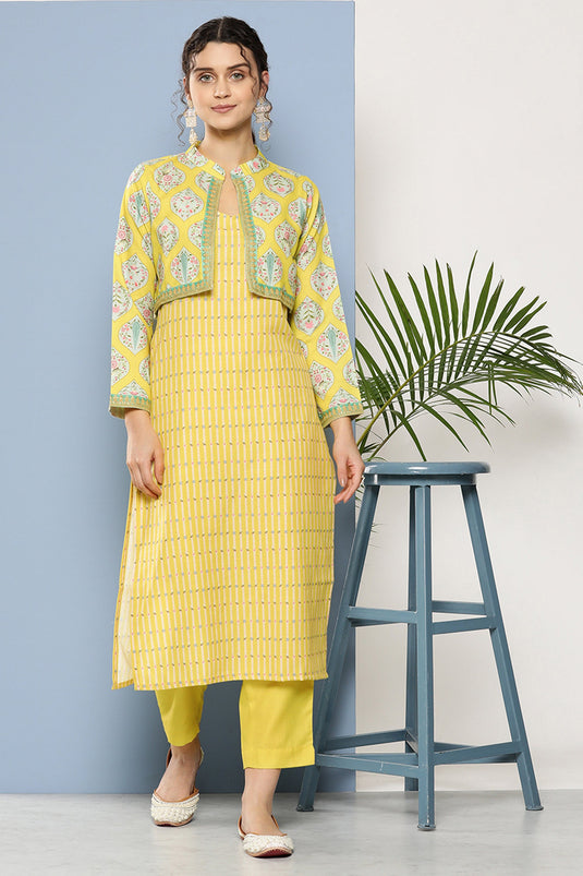 Exclusive Yellow Color Cotton Fabric Function Printed Top With Bottom Jacket Set