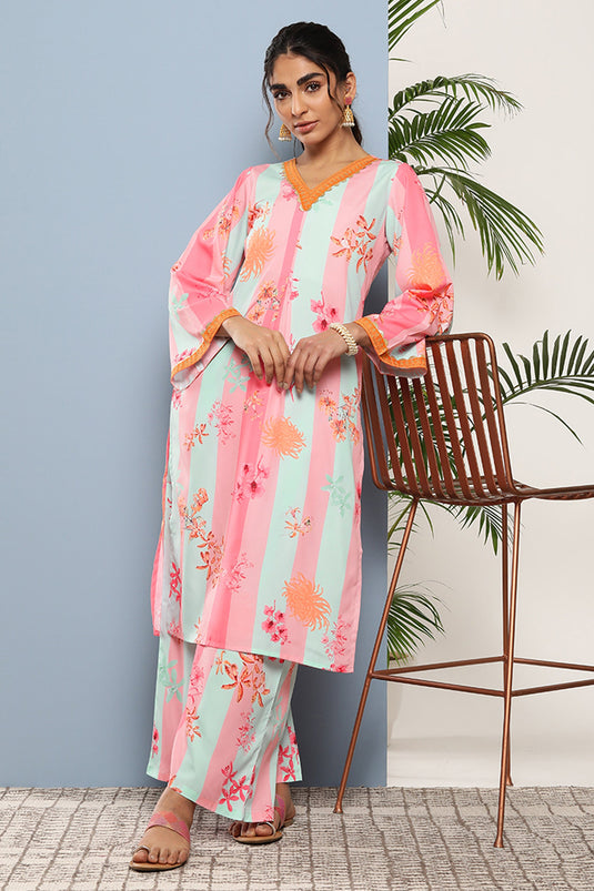 Exclusive Pink Color Crepe Fabric Casual Wear Printed Readymade Top With Bottom Set