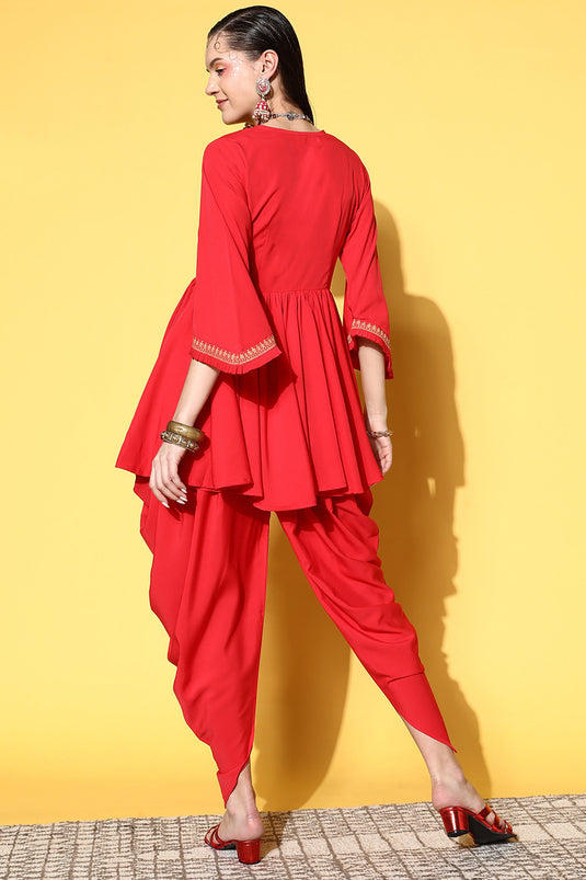 Exclusive Red Color Crepe Fabric Daily Wear Fancy Readymade Top With Bottom Set