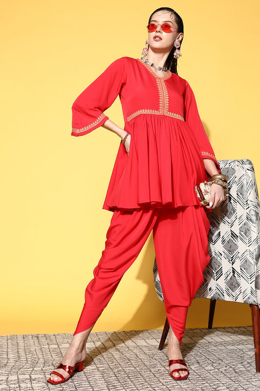 Exclusive Red Color Crepe Fabric Daily Wear Fancy Readymade Top With Bottom Set