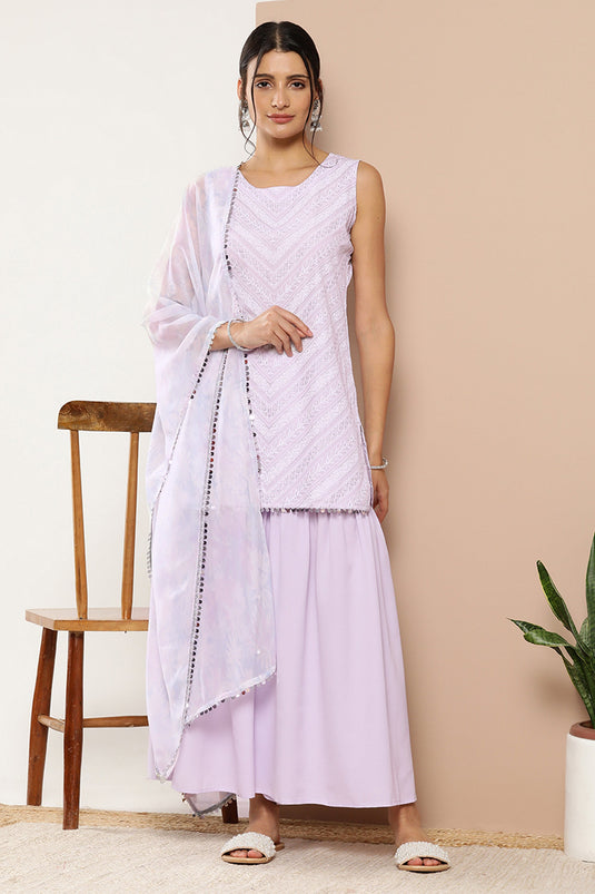 Exclusive Lavender Color Crepe Fabric Function Wear Printed Readymade Top With Bottom Dupatta Set