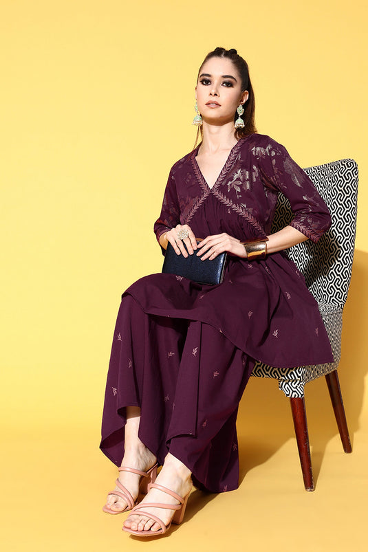 Exclusive Burgundy Color Crepe Fabric Daily Wear Printed Readymade Top With Bottom Set