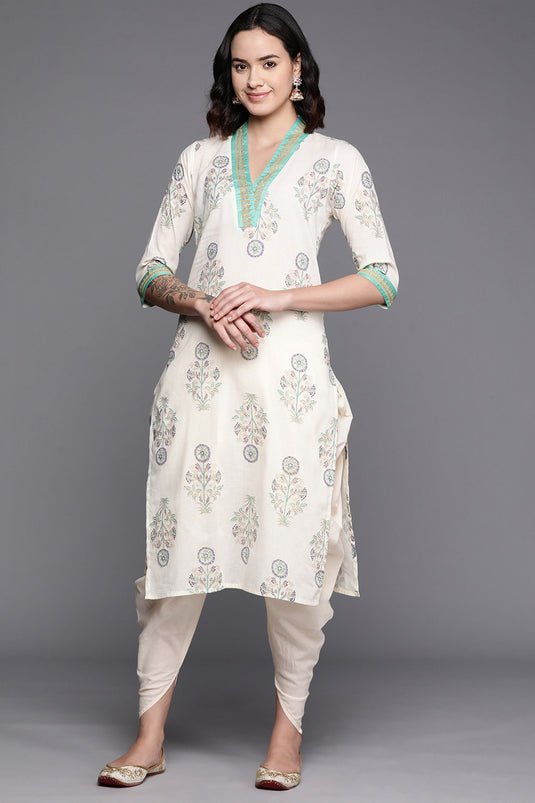 Exclusive Off White Cotton Fabric Function Wear Floral Printed Readymade Top With Bottom Set