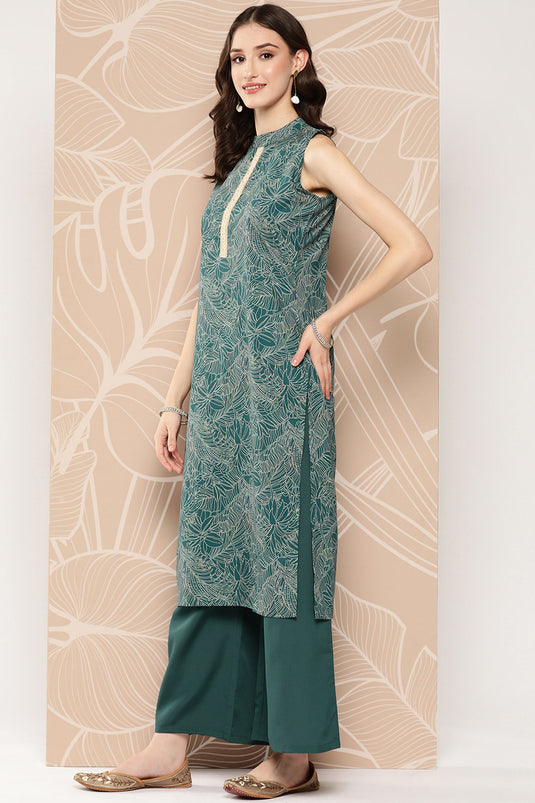 Exclusive Dark Green Crepe Fabric Festive Wear Floral Printed Readymade Top With Bottom Set