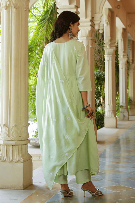 Exclusive Sea Green Color Muslin Fabric Function Wear Thread Work Readymade Top With Bottom Dupatta Set