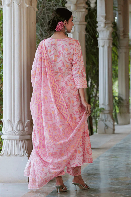 Exclusive Pink Color Cotton Fabric Festive Wear Floral Embroidered Readymade Top With Bottom Dupatta Set
