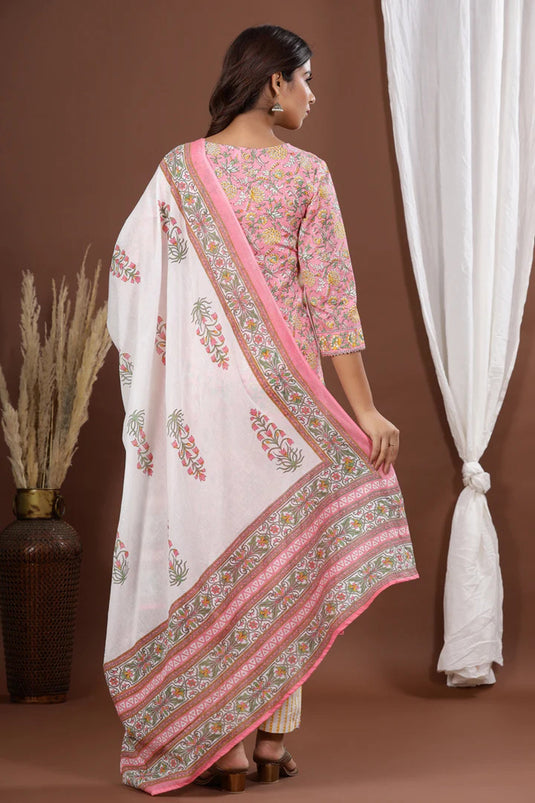 Exclusive Pink Color Cotton Fabric Casual Printed Readymade Top With Bottom Dupatta Set