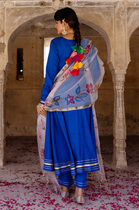 Exclusive Blue Color Rayon Fabric Hand Printed Readymade Top With Bottom Dupatta Set