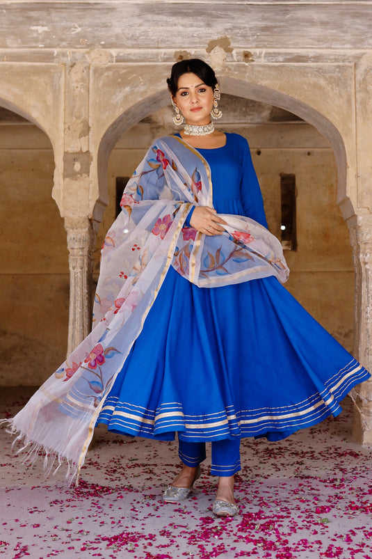 Exclusive Blue Color Rayon Fabric Hand Printed Readymade Top With Bottom Dupatta Set