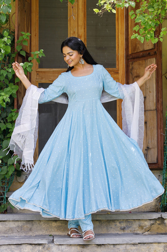 Exclusive Sky Blue Color Rayon Fabric Fancy Self Work Readymade Top With Bottom Dupatta Set