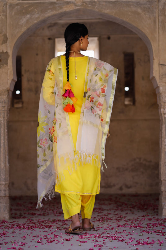 Exclusive Yellow Color Rayon Fabric Hand Printed Readymade Top With Bottom Dupatta Set