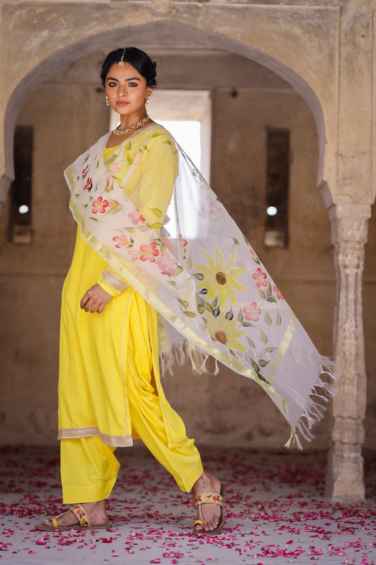 Exclusive Yellow Color Rayon Fabric Hand Printed Readymade Top With Bottom Dupatta Set