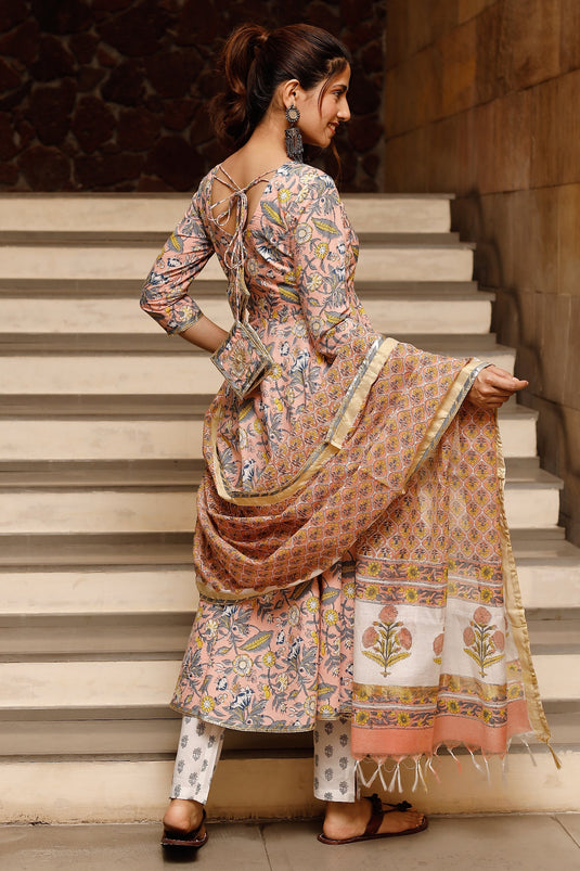 Exclusive Peach Color Cotton Fabric Floral Hand Block Printed Readymade Top With Bottom Dupatta Set