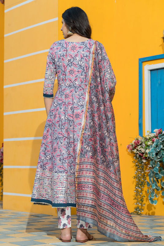 Exclusive Grey Color Cotton Fabric Hand Block Print Readymade Top With Bottom Dupatta Set
