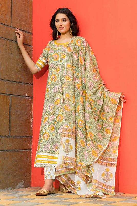 Exclusive Green Color Cotton Fabric Hand Block Gota Pati Work Readymade Top With Bottom Dupatta Set