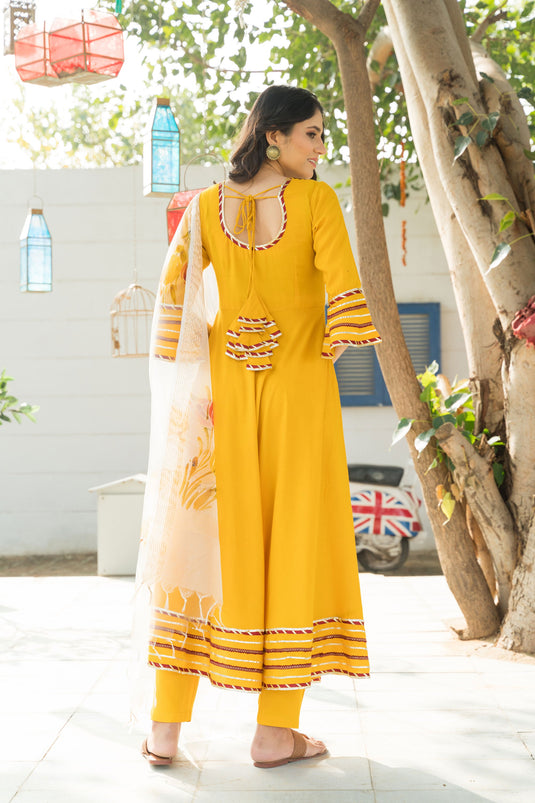 Exclusive Yellow Color Rayon Fabric Gota Pati Work Readymade Top With Bottom Dupatta Set