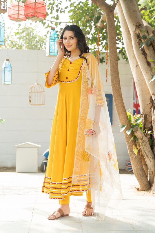 Exclusive Yellow Color Rayon Fabric Gota Pati Work Readymade Top With Bottom Dupatta Set
