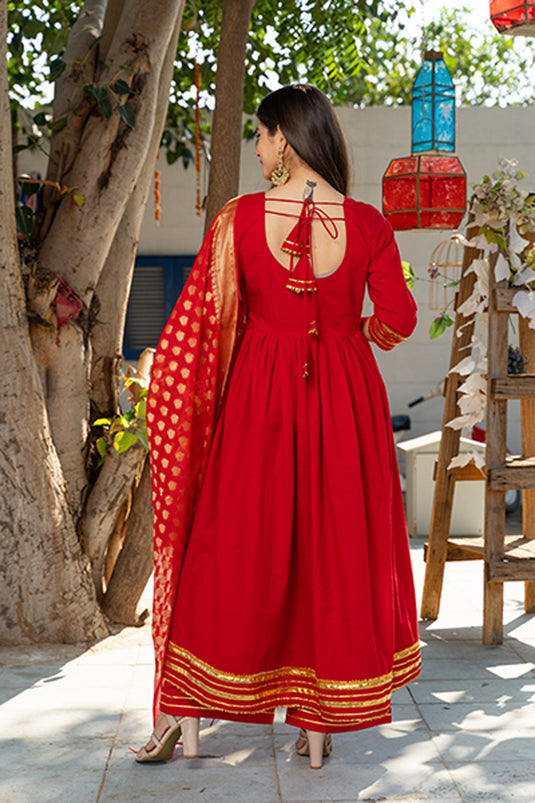 Exclusive Red Color Cotton Fabric Gota Pati Work Readymade Top With Bottom Dupatta Set