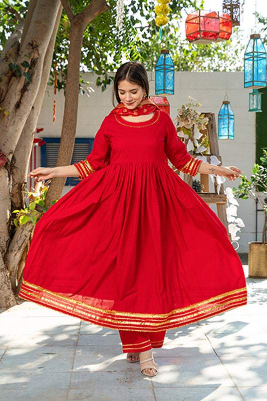 Exclusive Red Color Cotton Fabric Gota Pati Work Readymade Top With Bottom Dupatta Set