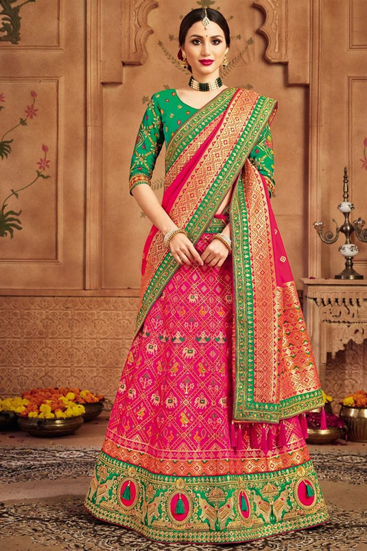 Function Wear Pink Color Weaving Work Lehenga Choli In Art Silk Fabric
