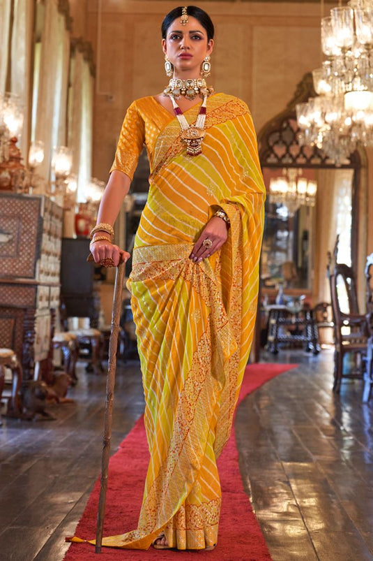 Glam Look Yellow Color Satin Base Thread And Stone Work Embroidered Saree