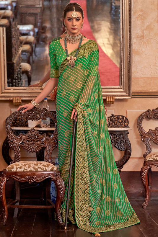 Blissful Dark Green Color Georgette Fabric Casual Look Saree