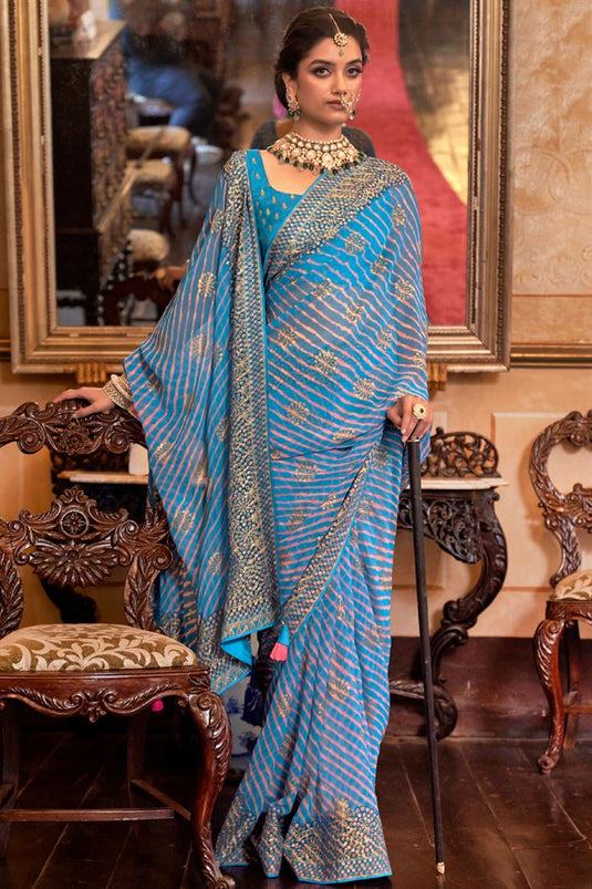 Enriching Cyan Color Casual Look Georgette Fabric Saree
