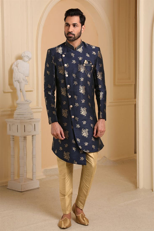 Navy Blue Color Jacquard Silk Fabric Sangeet Wear Readymade Indo Western For Men