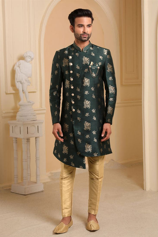Green Color Jacquard Silk Fabric Wedding Wear Readymade Indo Western For Men
