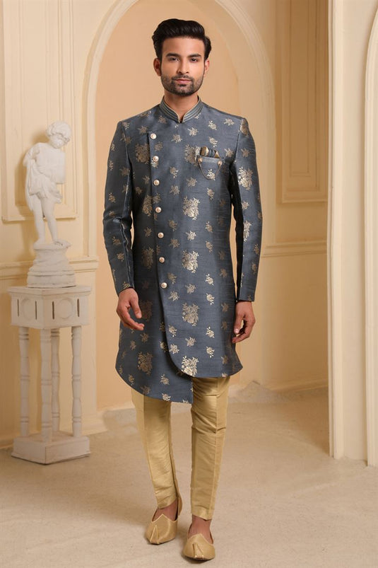 Grey Color Jacquard Silk Fabric Reception Wear Readymade Indo Western For Men
