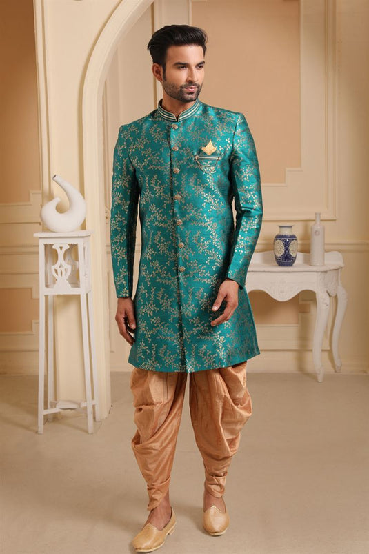 Cyan Color Jacquard Silk Fabric Sangeet Wear Readymade Indo Western For Men