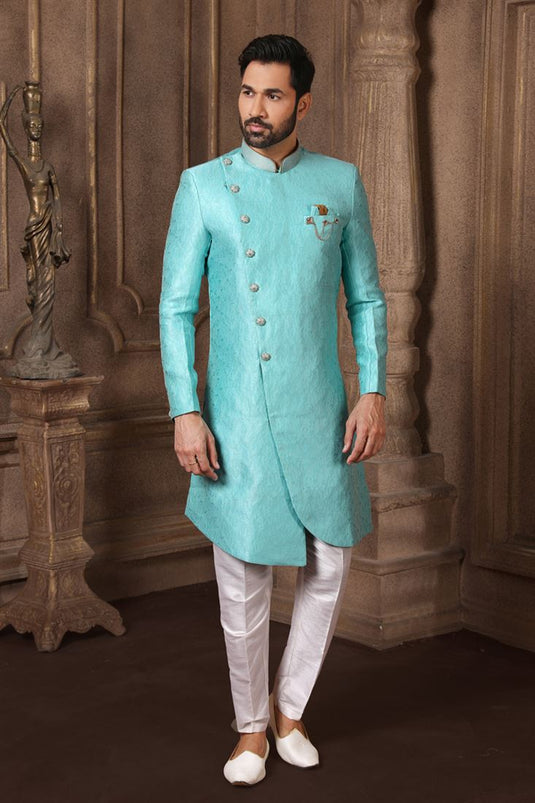 Cyan Color Jacquard Silk Fabric Reception Wear Readymade Indo Western For Men