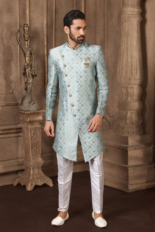 Light Cyan Color Jacquard Silk Fabric Wedding Wear Readymade Indo Western For Men
