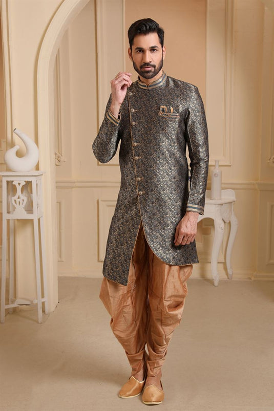 Grey Color Jacquard Silk Fabric Reception Wear Readymade Dhoti Style Indo Western For Men