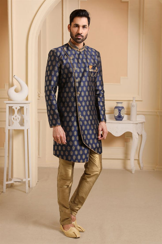Navy Blue Jacquard Silk Sangeet Wear Readymade Indo Western For Men