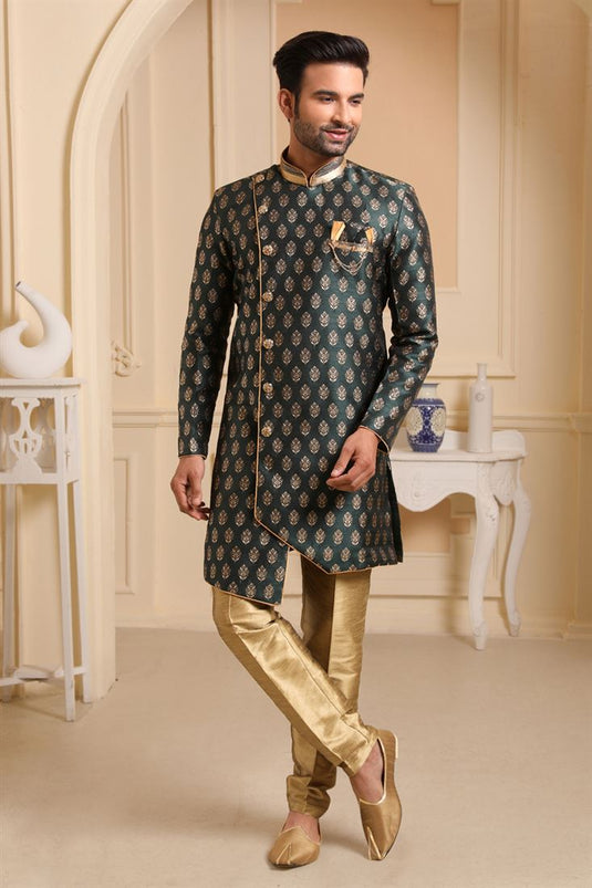 Dark Olive Color Jacquard Silk Fabric Wedding Wear Readymade Indo Western For Men