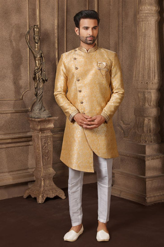 Cream Color Jacquard Silk Fabric Sangeet Wear Readymade Indo Western For Men