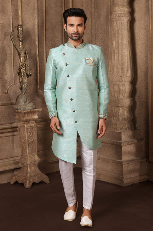 Light Cyan Jacquard Silk Wedding Wear Readymade Indo Western For Men