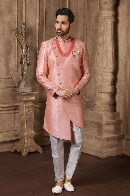 Pink Color Jacquard Silk Fabric Reception Wear Readymade Indo Western For Men