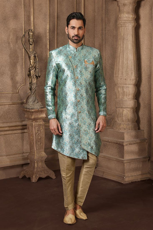 Cyan Jacquard Silk Fabric Sangeet Wear Readymade Indo Western For Men