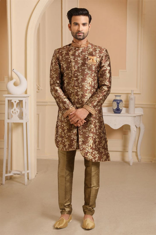 Light Brown Color Jacquard Silk Fabric Reception Wear Readymade Indo Western For Men