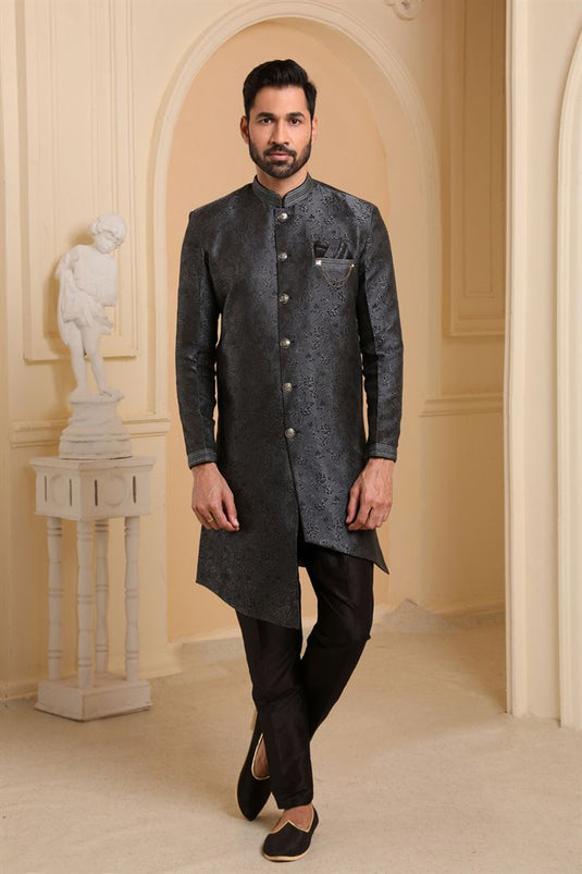 Grey Color Jacquard Silk Sangeet Wear Readymade Indo Western For Men