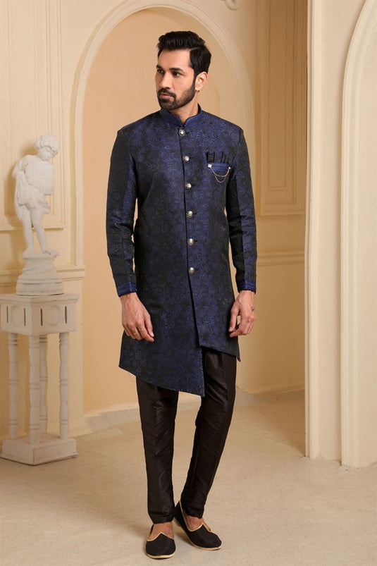 Navy Blue Color Jacquard Silk Reception Wear Readymade Indo Western For Men