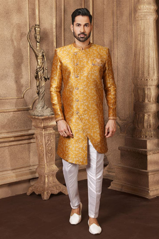 Mustard Color Jacquard Silk Sangeet Wear Readymade Indo Western For Men