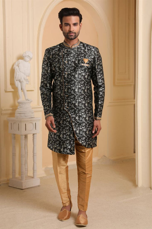 Black Color Jacquard Silk Reception Wear Readymade Indo Western For Men