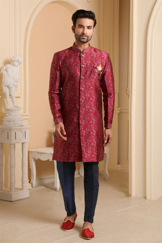 Maroon Color Jacquard Silk Reception Wear Readymade Indo Western For Men