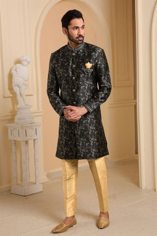 Black Color Jacquard Silk Sangeet Wear Readymade Indo Western For Men