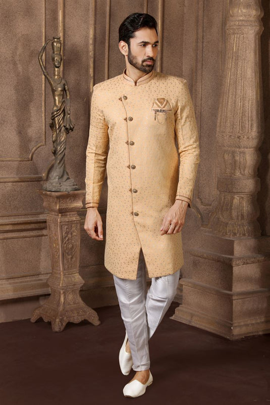 Cream Color Jacquard Silk Reception Wear Readymade Indo Western For Men