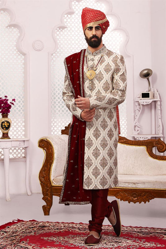 Alluring Cream Color Banarasi Silk Fabric Designer Groom Sherwani For Men